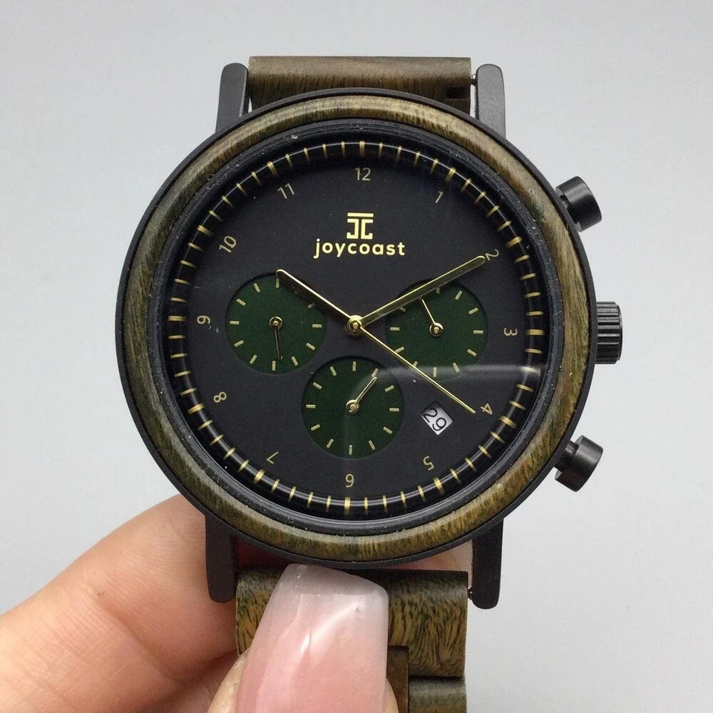 Joycoast Green Sandalwood Chronograph Mens Watch 44mm Wood Date New Battery 8